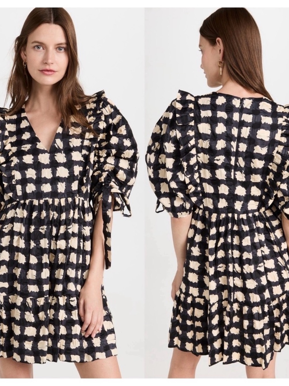 Sea New York Navy, Black and Cream Gingham V-Neck Mini Dress